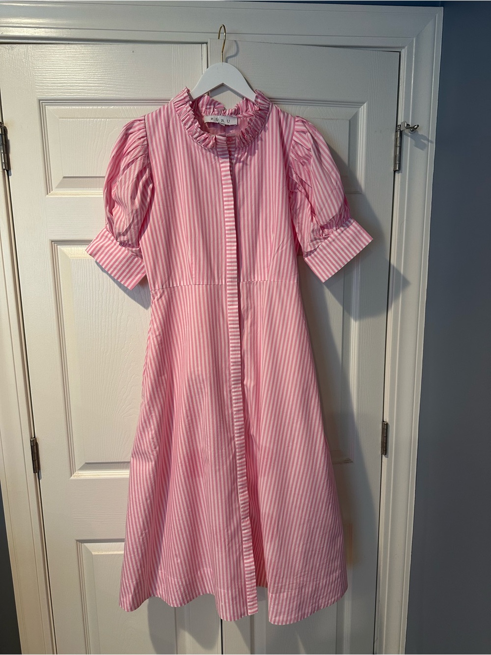 Buru Pink Stripe Ruffled-Collar Puff Sleeve Midi Dress
